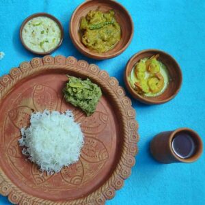 Aparajita(Mnimum Order Quantity=2):: Basmati rice, Murighanto/Chal Patol/Chal Fulkopi, Chingri Vape(4pcs),katla kalia(1pc),Chatni,Mugkheer.