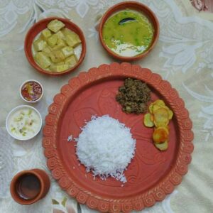 Sankalpo (Minimum Order Quantity=2) Basmati Chaler Bhat , Sona Muger Sabji Dal, Alubhaja, Narkel diye Mochar Ghanto,Chhanar Dalna, Chatni, Mugkheer.