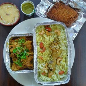 Aranya Shasthi Thali 1.0:: Chicken Pulao,Fish fry(kolkata bhetki)(1pc),Achari Mutton(2pcs),Aam-Pudina Chatni,Kheeranno/Aam Kheer(Minimum Order Quantity=2)