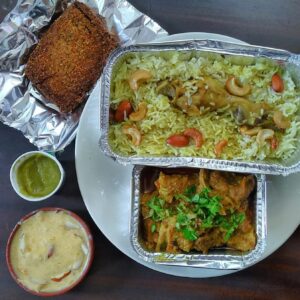 Aranya Shasthi Thali 1.0:: Chicken Pulao,Fish fry(1pc)(kolkata bhetki),Achari Chicken(2pcs),Aam-Pudina Chatni,Kheeranno/Aam Kheer(Minimum Order Quantity=2)